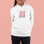 White kids hoodie with hood and front pocket, displaying a pink donut graphic and name text.