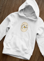 Kids white hoodie close-up with hood and front pocket; beige floral name badge logo