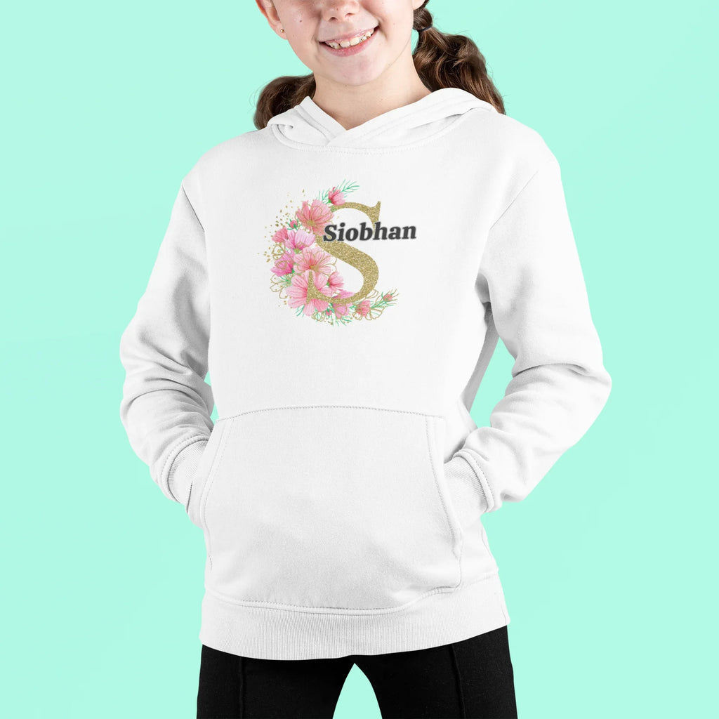 White kids hoodie with hood and front pocket, floral letter Siobhan graphic