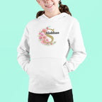 White kids hoodie with hood and front pocket, floral letter Siobhan graphic
