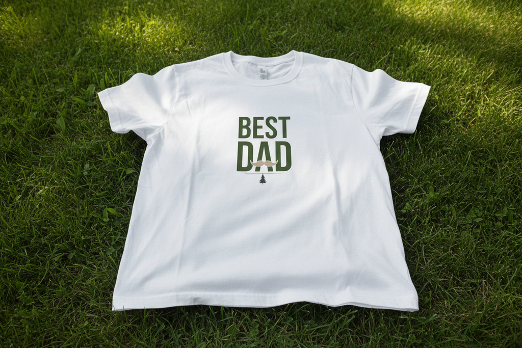 White T-shirt with green "Best Dad" typography on the front