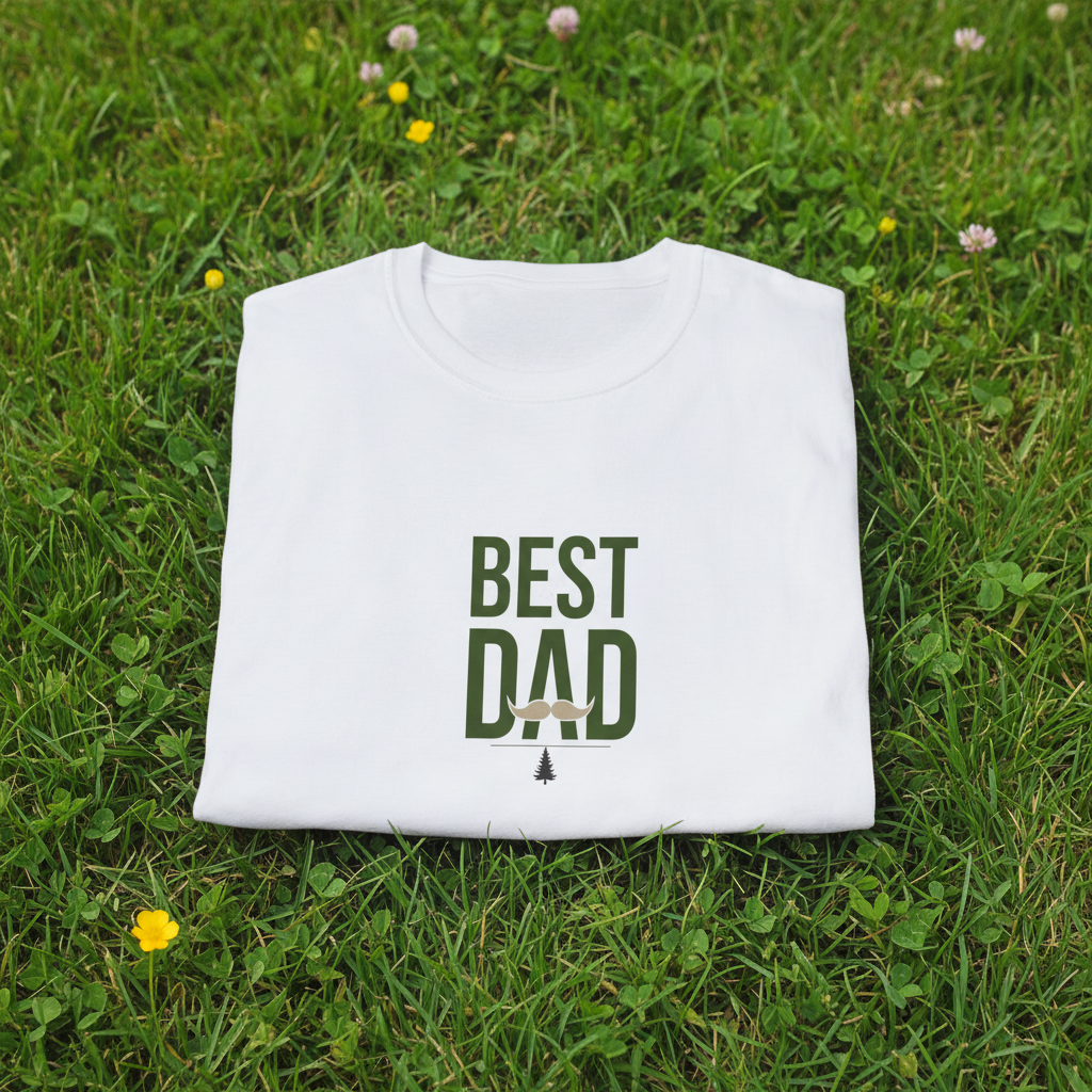 White crewneck T-shirt with green "Best Dad" typography graphic