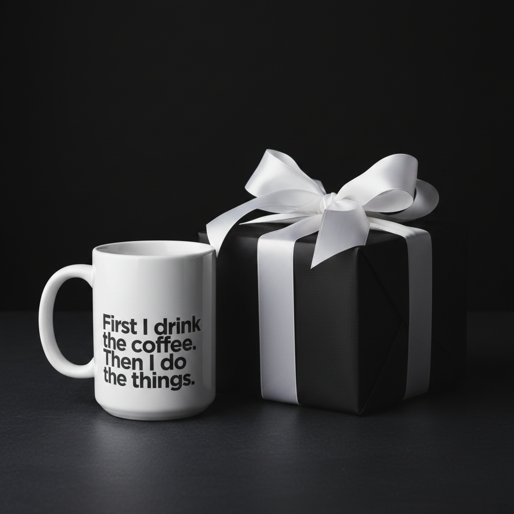 White ceramic coffee mug with black quote: First I drink the coffee, then I do the things.