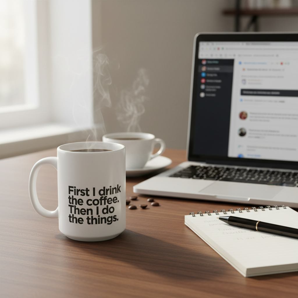 White ceramic coffee mug with quote text on a desk near an open book.