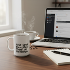 White ceramic coffee mug with quote text on a desk near an open book.