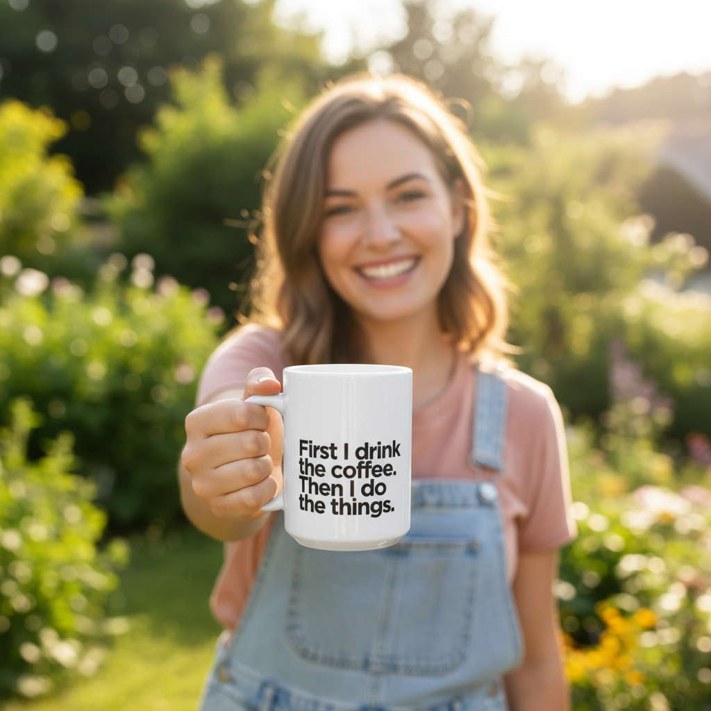 White ceramic coffee mug held up, with black quote text on the front.