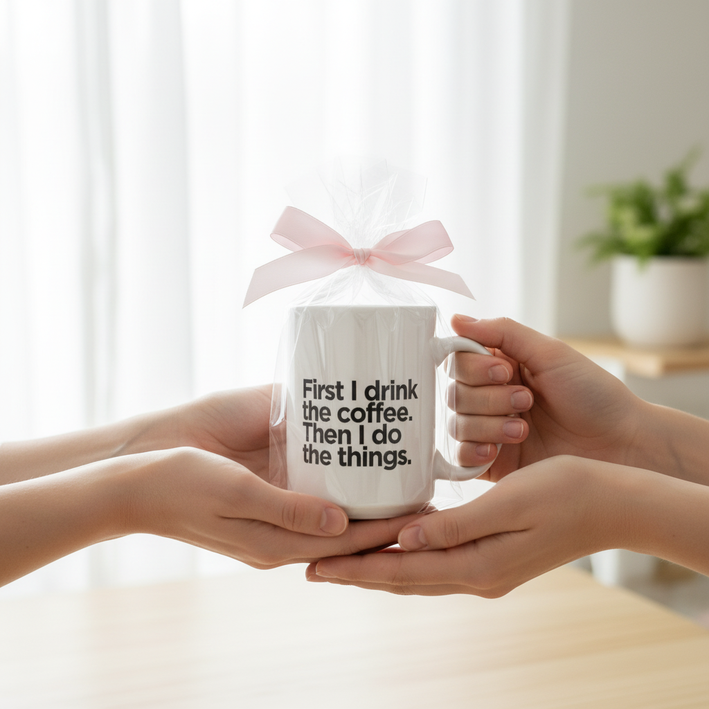 Hands holding a white ceramic coffee mug with quote text and a pale ribbon bow.