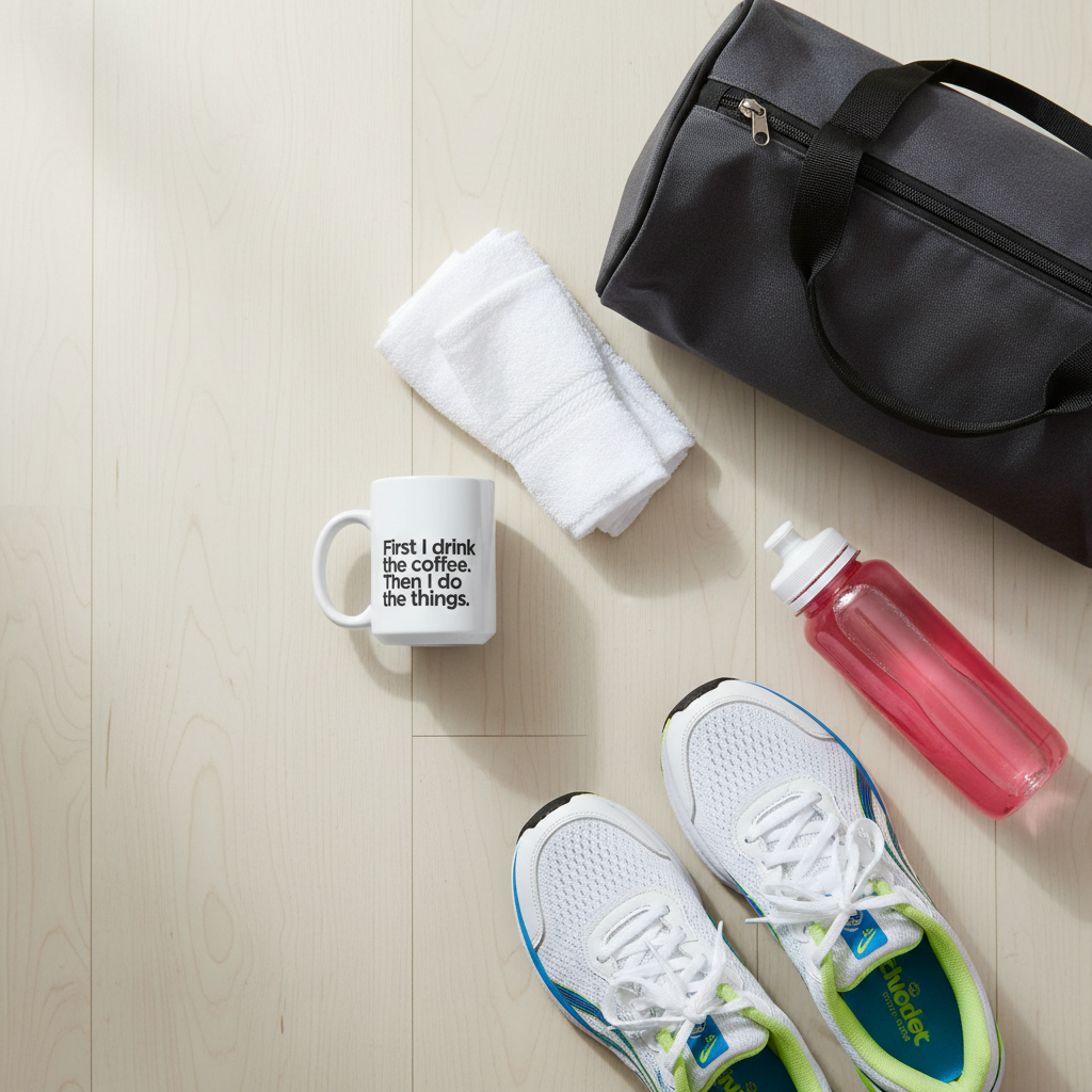 White ceramic coffee mug with black quote, beside a red bottle and towel.