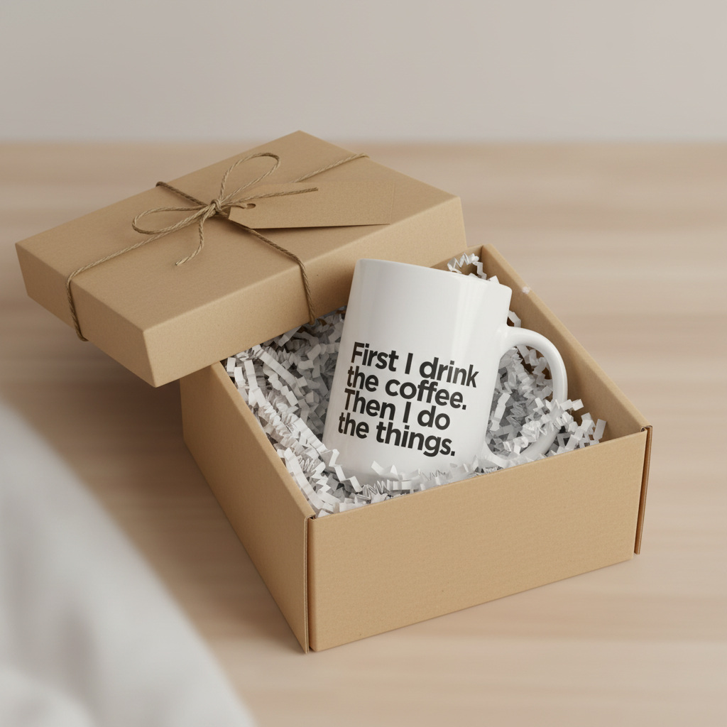 White ceramic coffee mug with humorous quote, packed in a gift box.