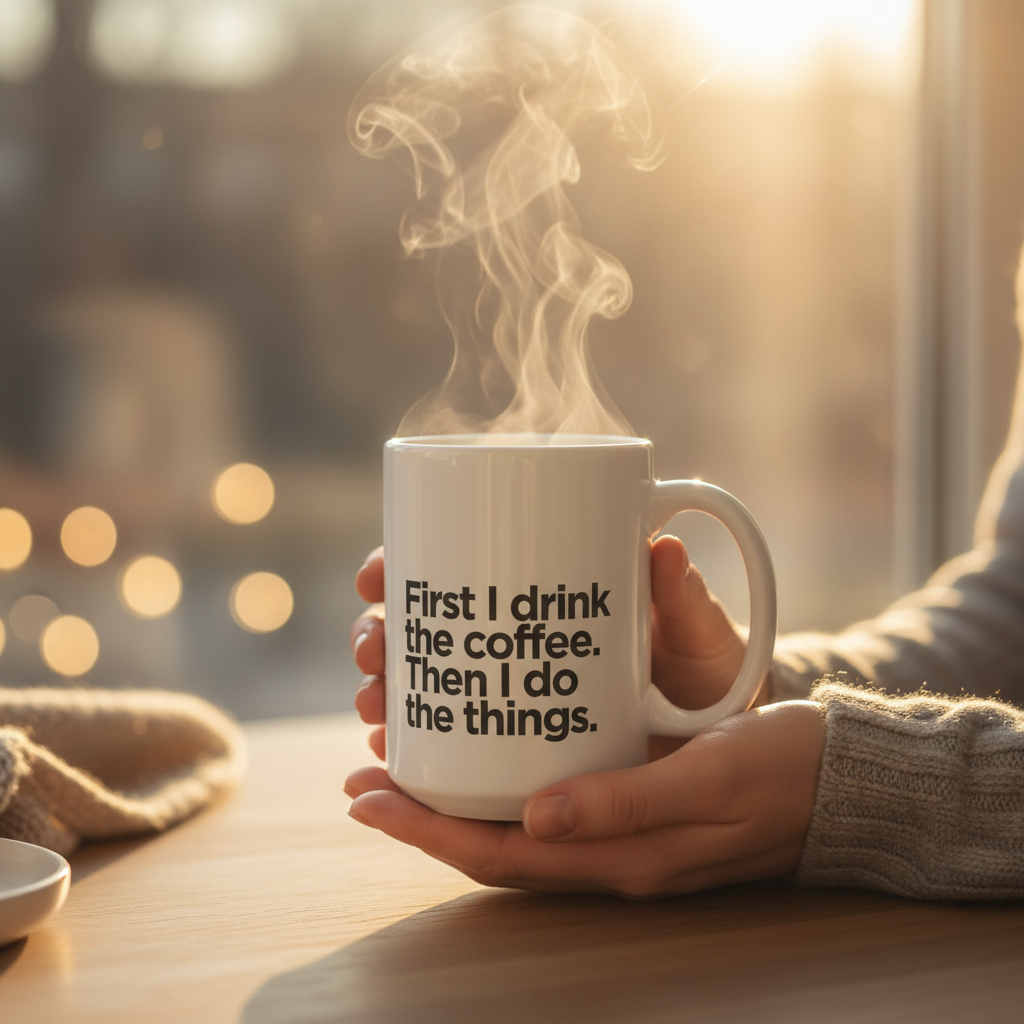 Hand holding a white ceramic coffee mug with quote text while it steams.