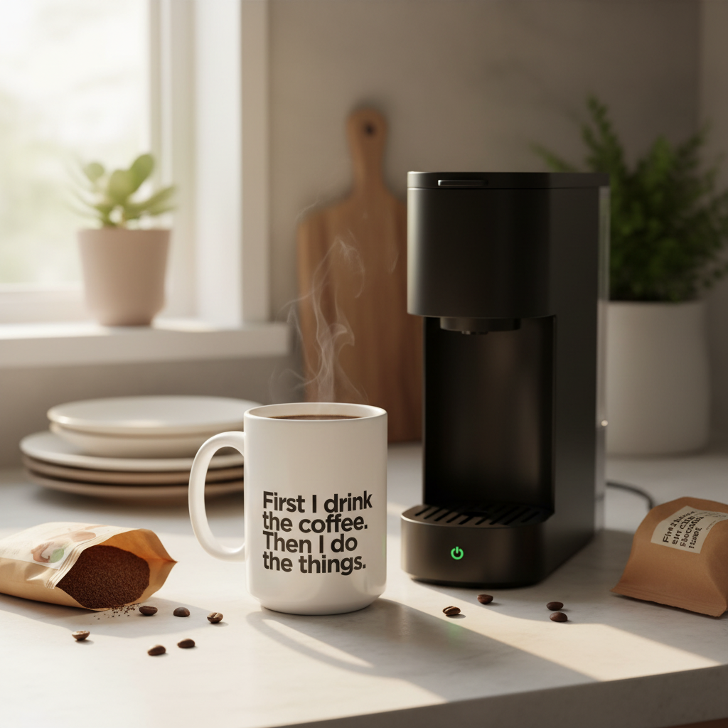 White ceramic coffee mug with quote text, steaming on a countertop.