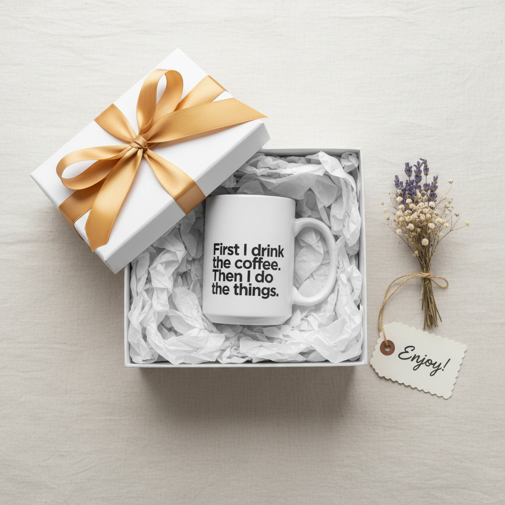 White ceramic coffee mug with quote text in a gift box with gold bow.