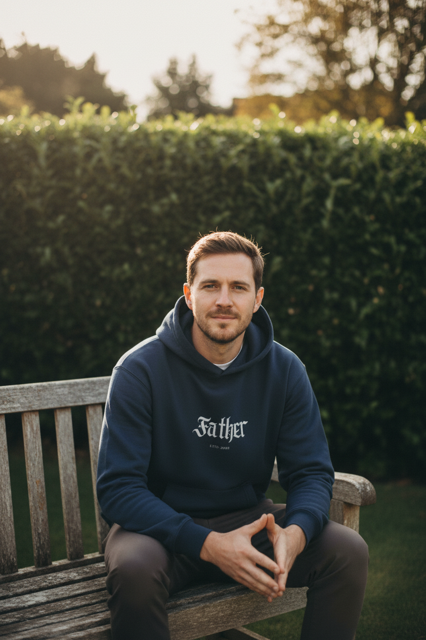 Navy hoodie with 'Father' chest print and kangaroo pocket, drawstring hood