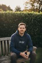 Navy hoodie with 'Father' chest print and kangaroo pocket, drawstring hood
