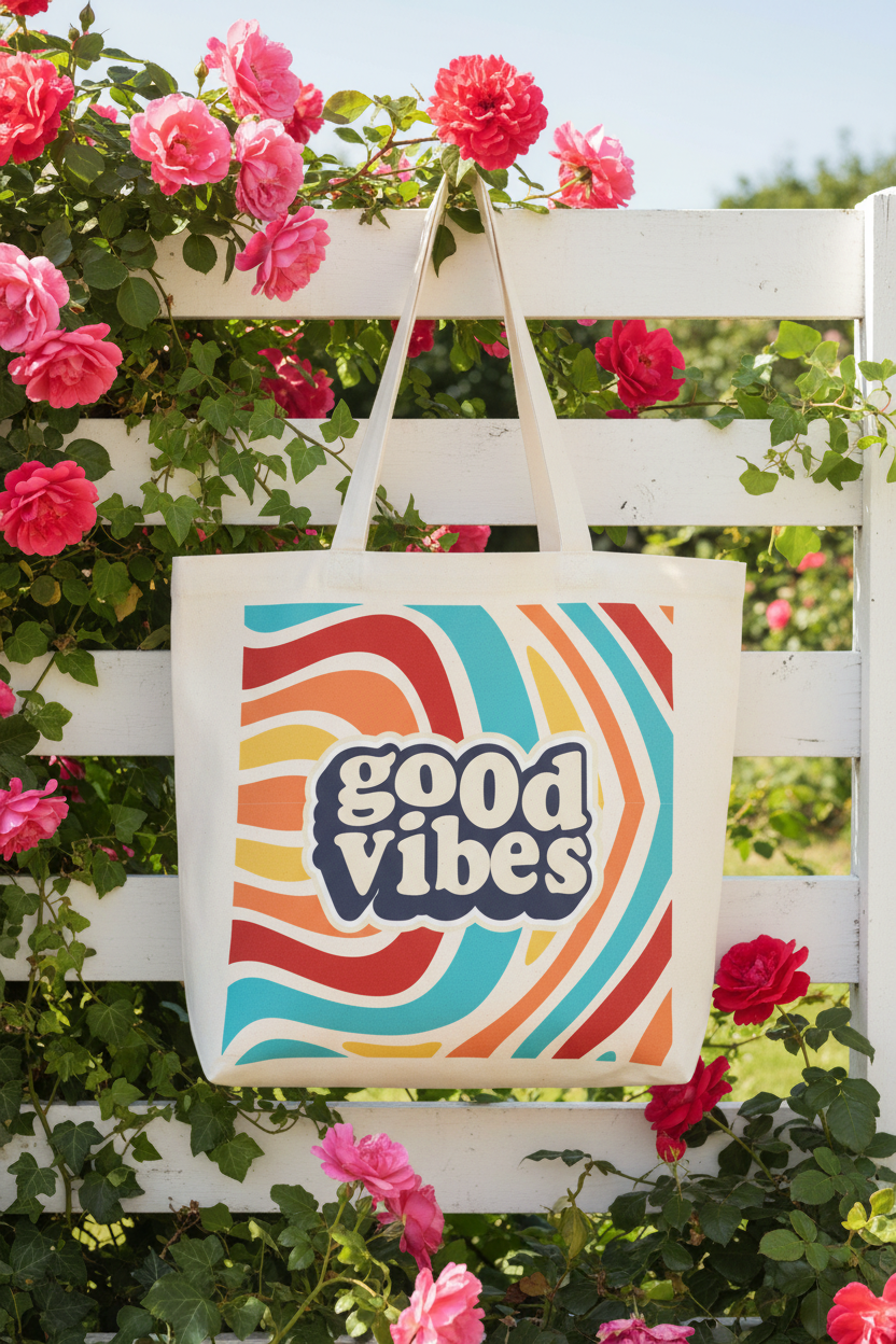 White canvas tote bag with 'good vibes' colorful swirl logo and top handles