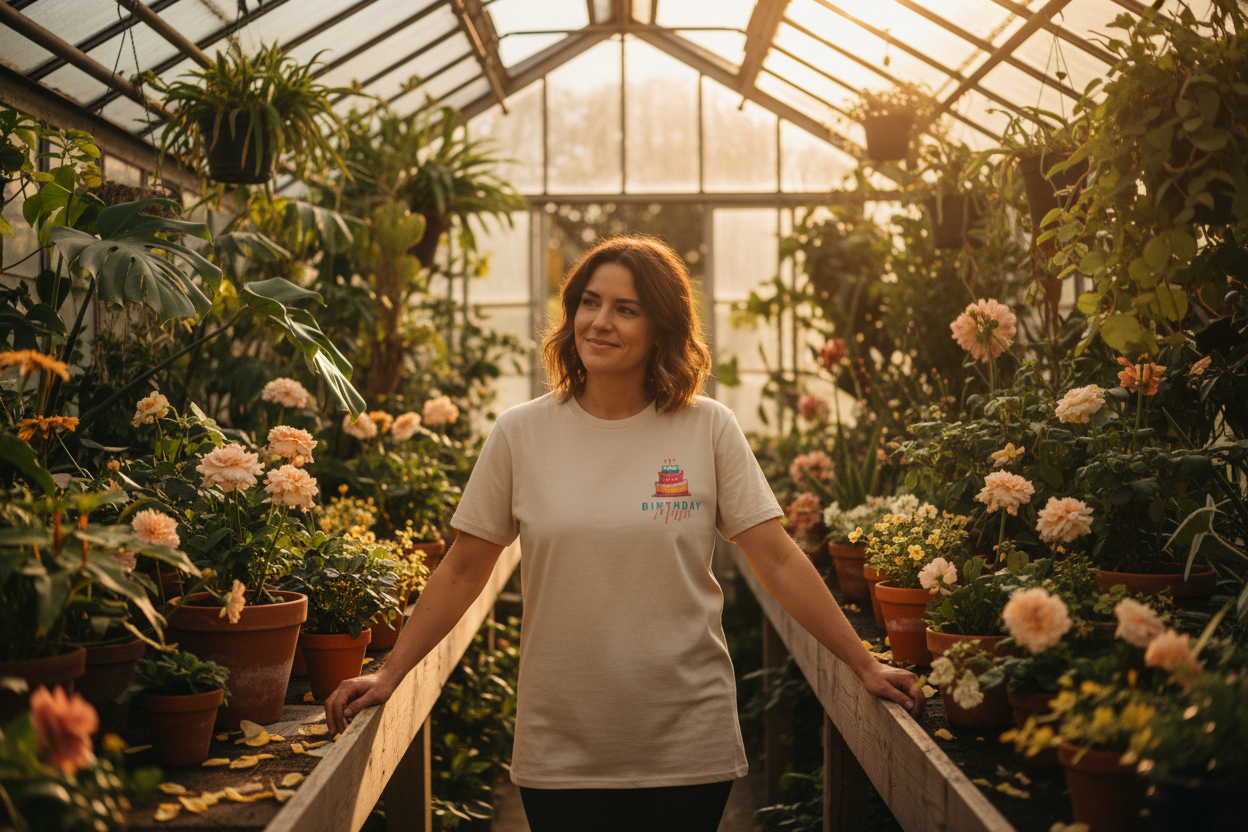 White birthday cake graphic T-shirt with “Birthday Mum” print worn outdoors