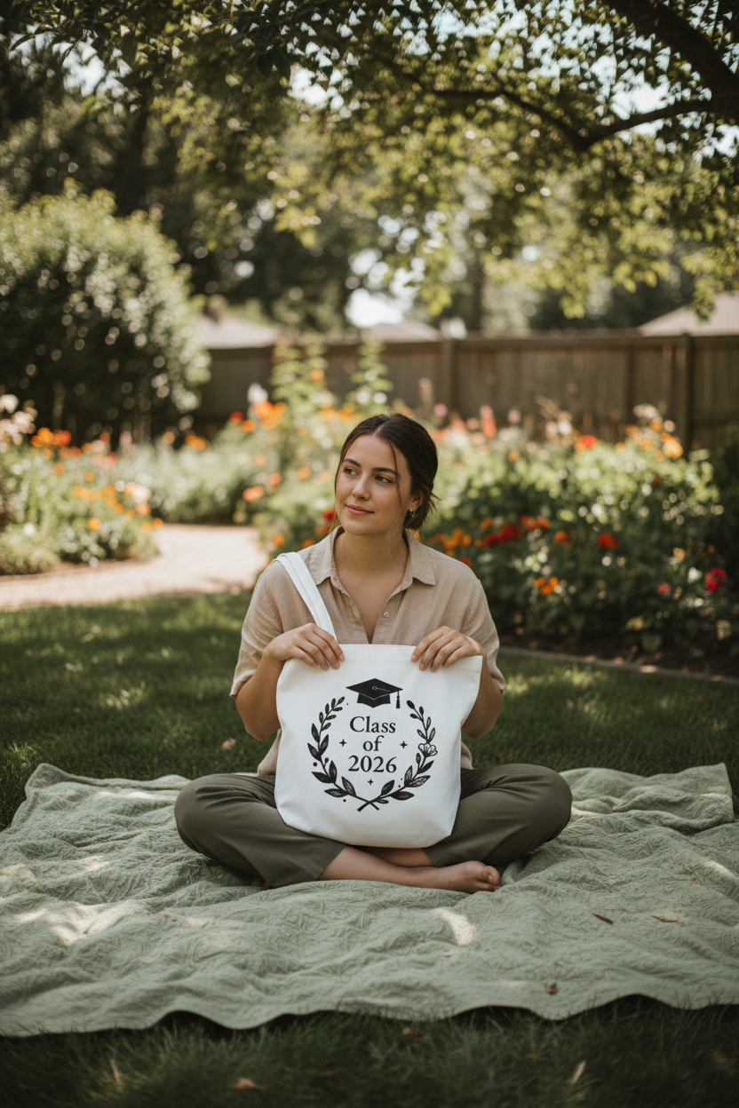 White graduation tote bag held in hands, featuring Class of 2026 cap and wreath