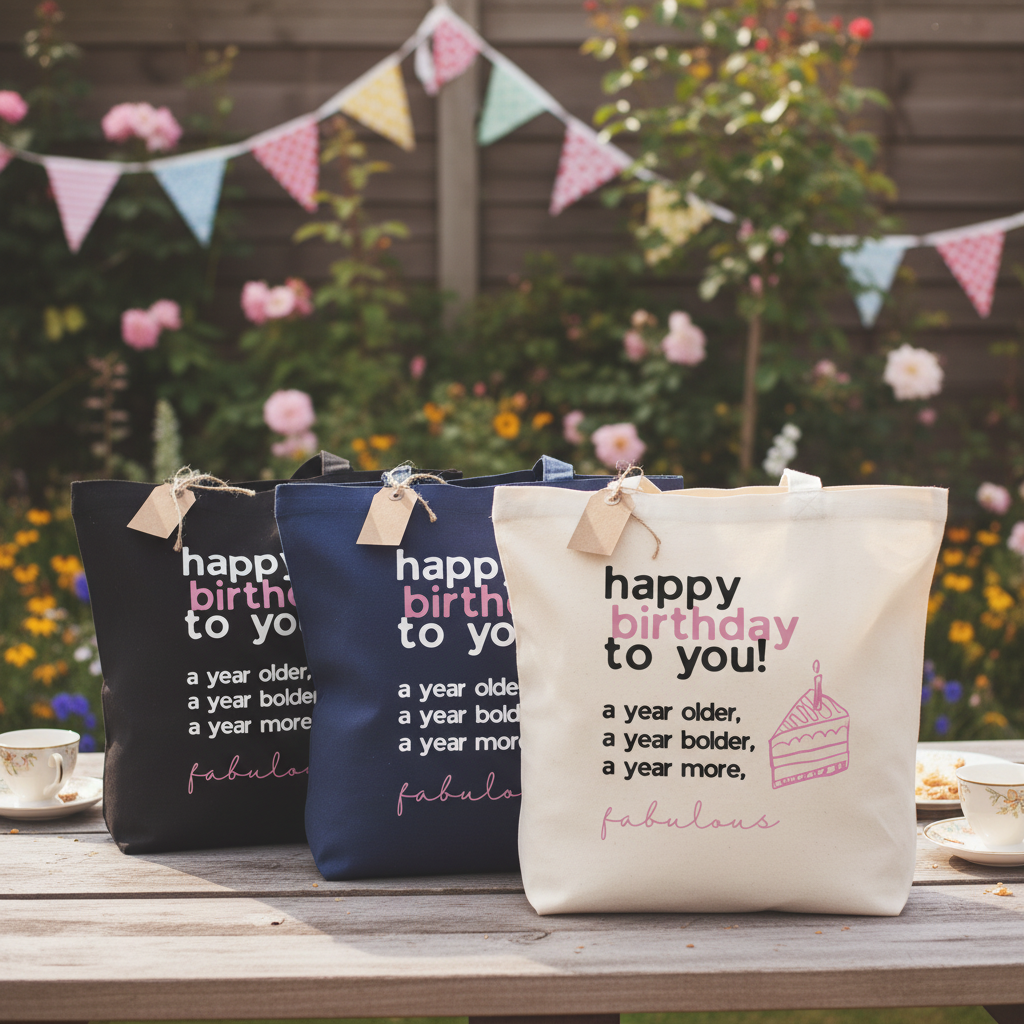 Set of three cotton tote bags: black, navy, and white, each with birthday print.