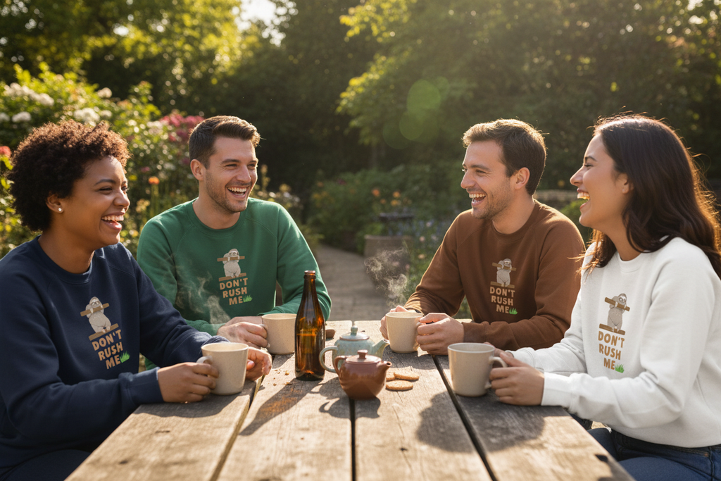 Sloth graphic sweatshirts in navy, green, brown, and white on four people