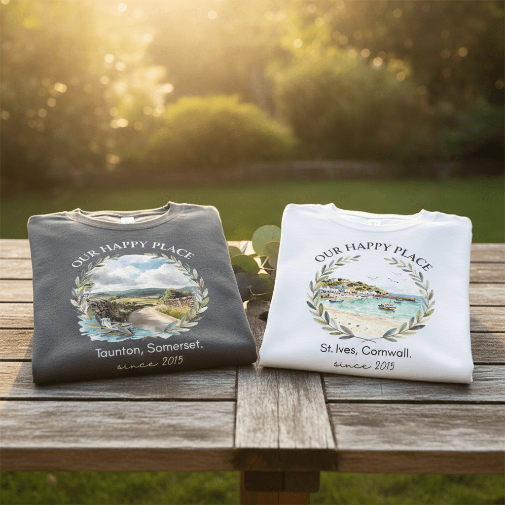 Personalised crew-neck T-shirts on wooden bench: dark gray and white with scenic wreath print