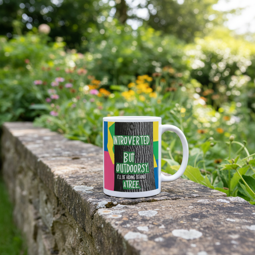 White ceramic mug with colorful geometric border and green outdoor text graphic.