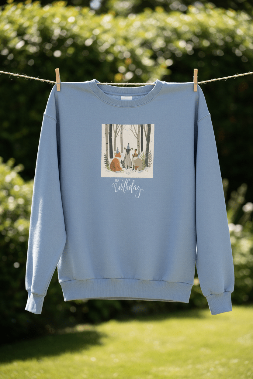 Light blue sweatshirt with crew neck and woodland animal birthday graphic on front