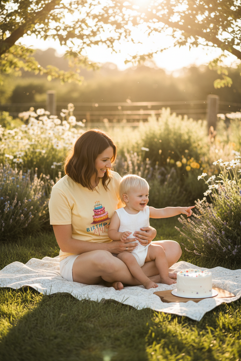 White T-shirt with birthday cake graphic and 'Birthday Mum' text