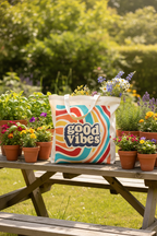 Canvas tote bag with short handles and 'good vibes' retro swirl print