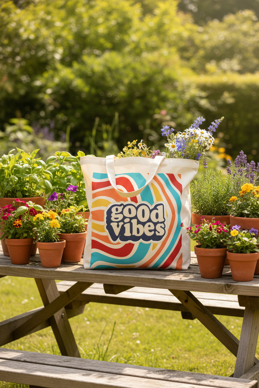 Canvas tote bag with short handles and 'good vibes' retro swirl print
