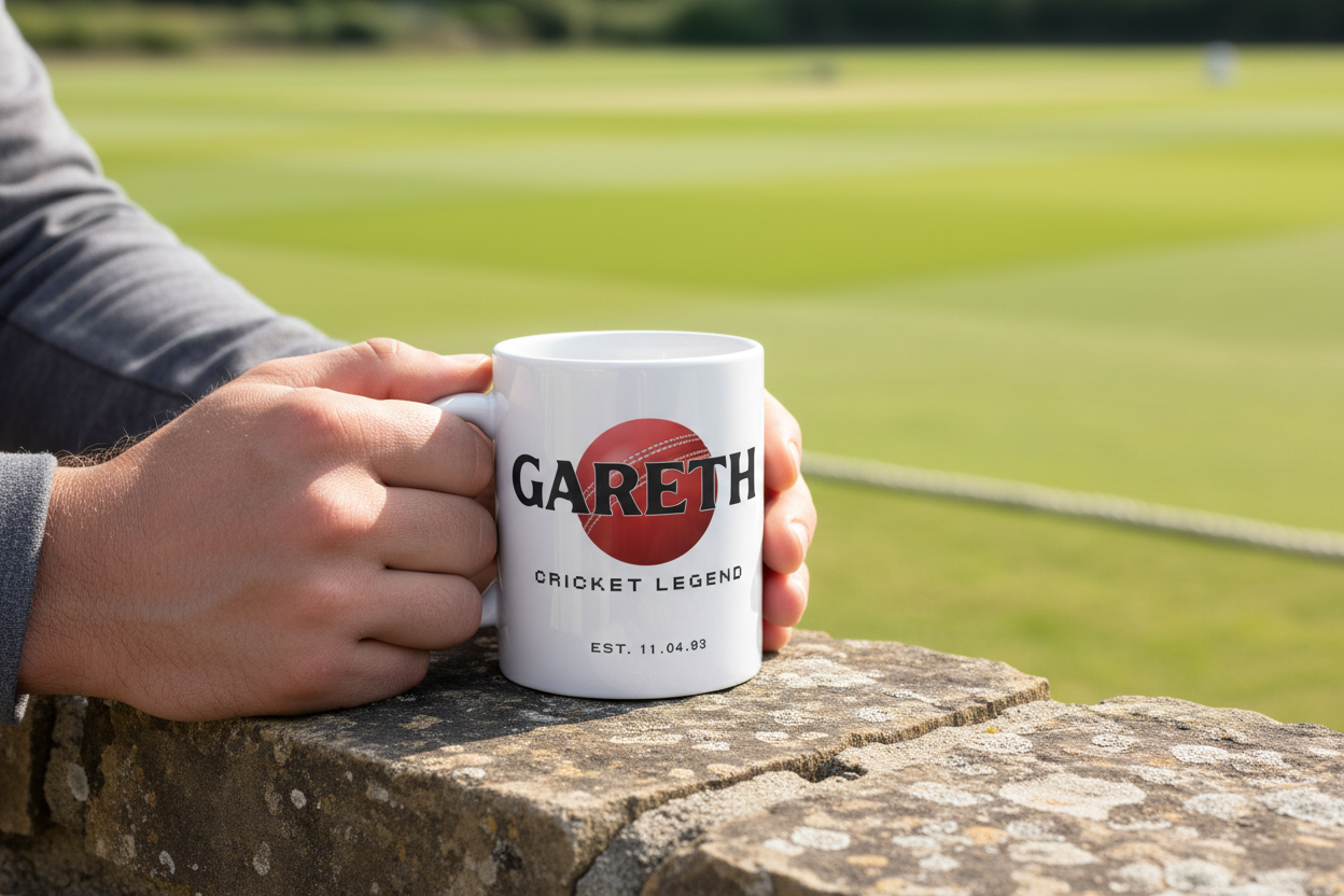 White ceramic mug with “GARETH” name print and “Cricket Legend” text, held at field