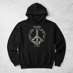 Black unisex hoodie with 'Good Vibes' wreath peace graphic, hood and front pocket