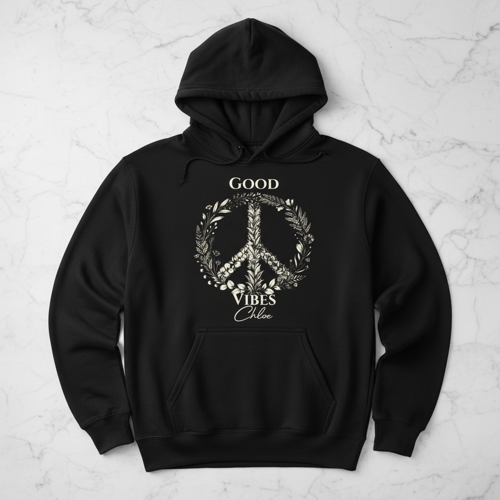 Black unisex hoodie with 'Good Vibes' wreath peace graphic, hood and front pocket