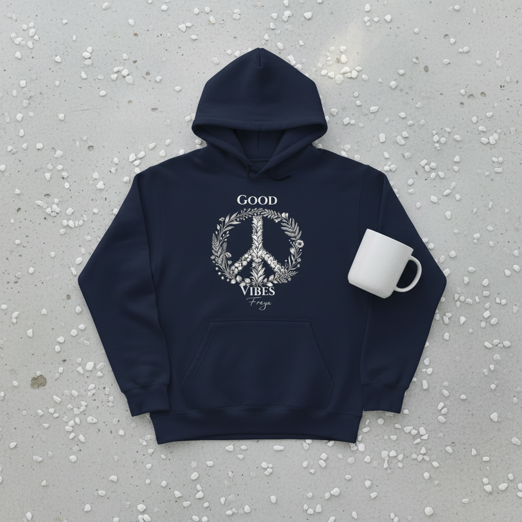 Navy unisex hoodie with front pocket and “Good Vibes Freya” wreath graphic