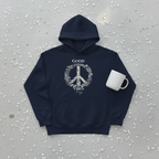 Navy unisex hoodie with front pocket and “Good Vibes Freya” wreath graphic