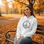 White unisex hoodie with front pocket and “Good Vibes Mia” wreath graphic