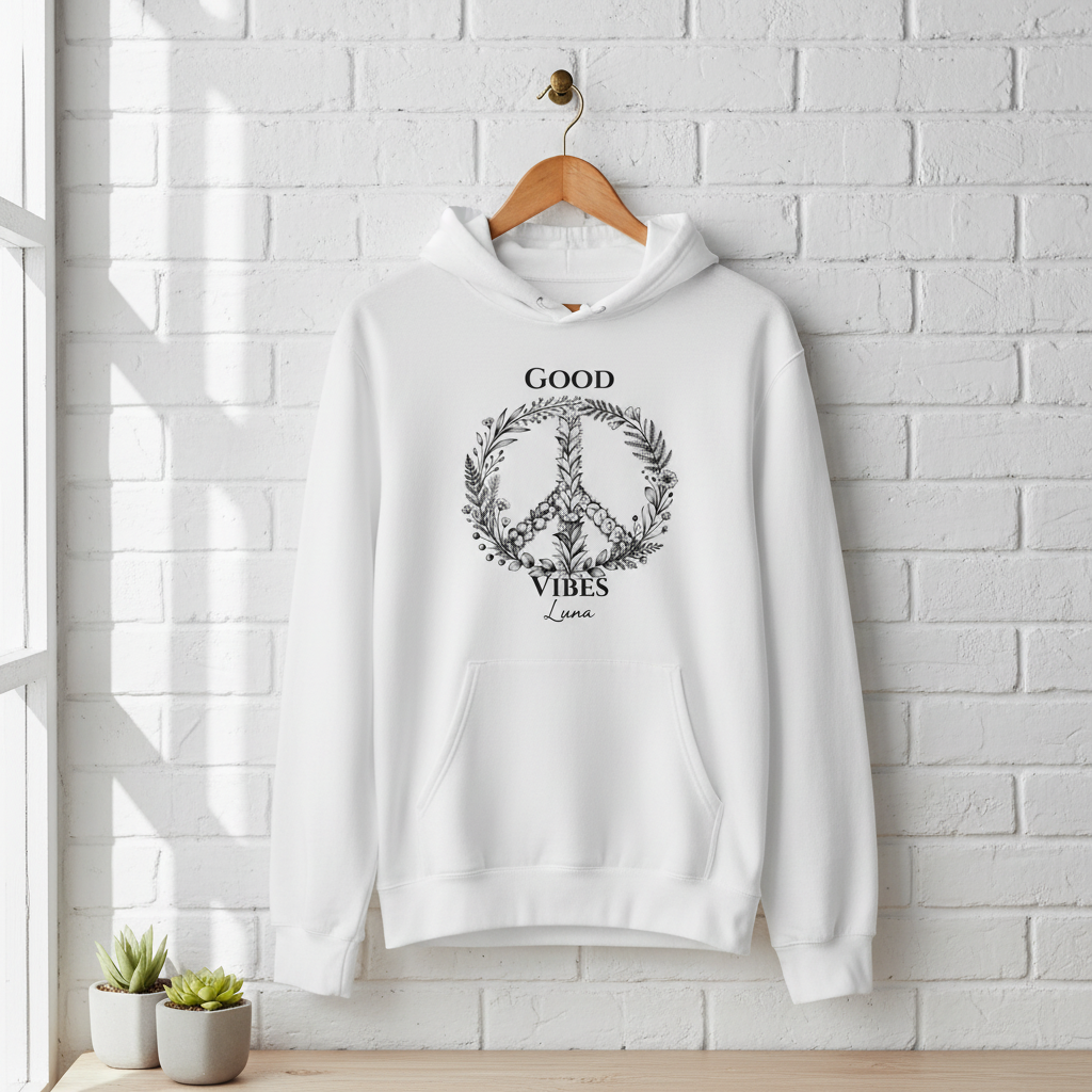 White unisex hoodie with front pocket and “Good Vibes Luna” wreath graphic