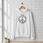 White unisex hoodie with front pocket and “Good Vibes Luna” wreath graphic