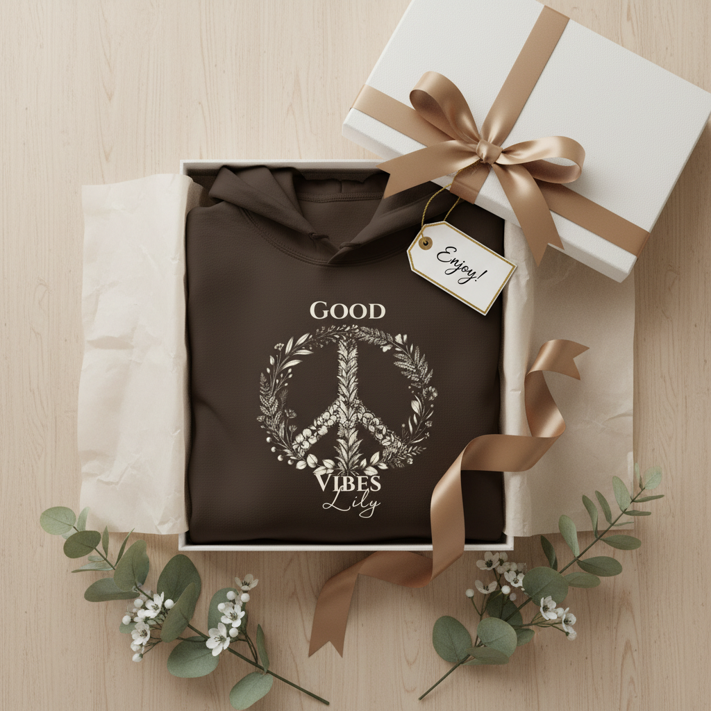 Dark chocolate gift-ready unisex hoodie with “Good Vibes Lily” wreath graphic