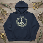 Navy unisex hoodie with 'Good Vibes' wreath peace graphic and kangaroo pocket