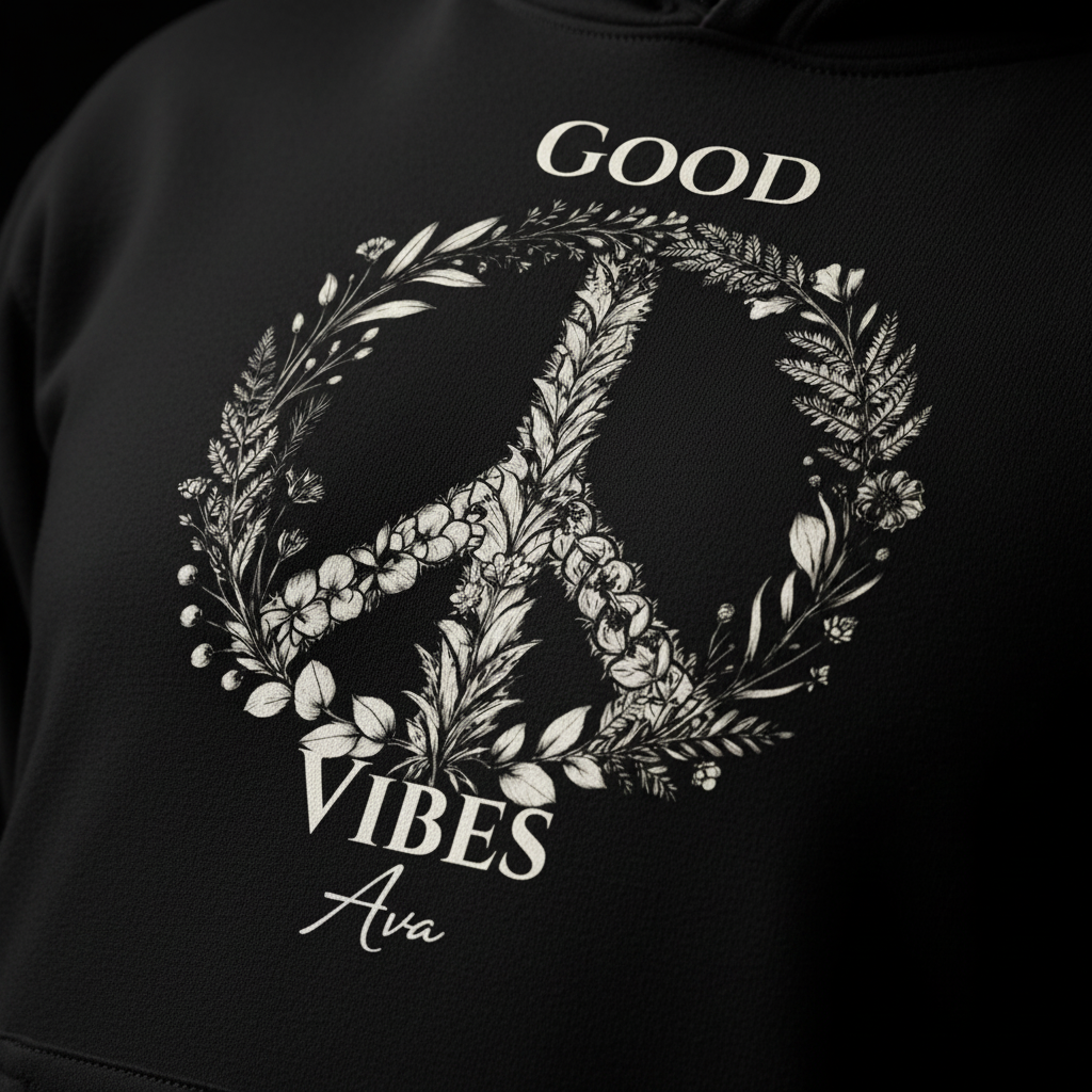 Close-up of black unisex hoodie fabric with 'Good Vibes' wreath graphic