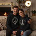 Pair of dark unisex hoodies with “Good Vibes” wreath front prints