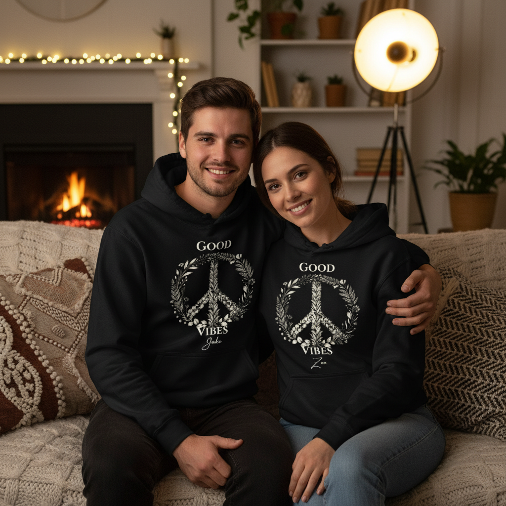 Pair of dark unisex hoodies with “Good Vibes” wreath front prints