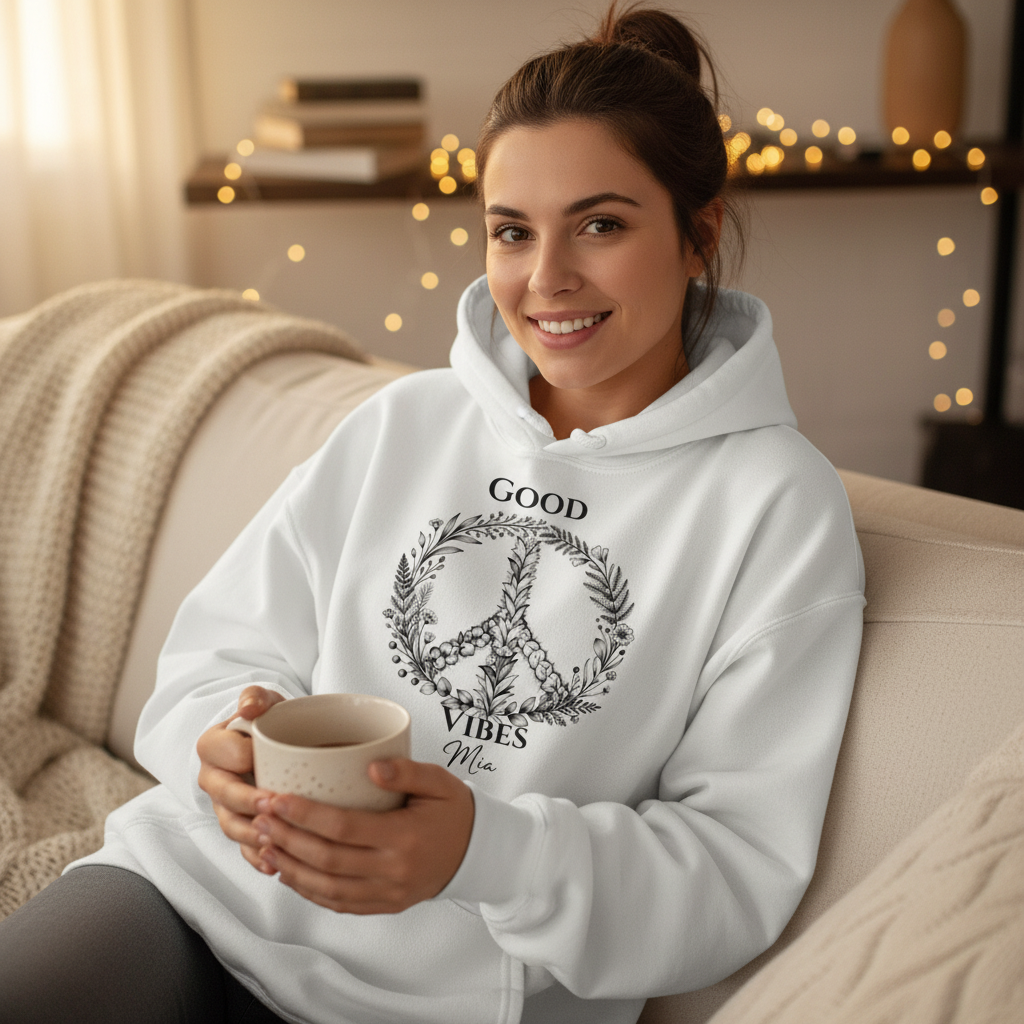 White unisex hoodie with 'Good Vibes' wreath graphic, worn with a mug