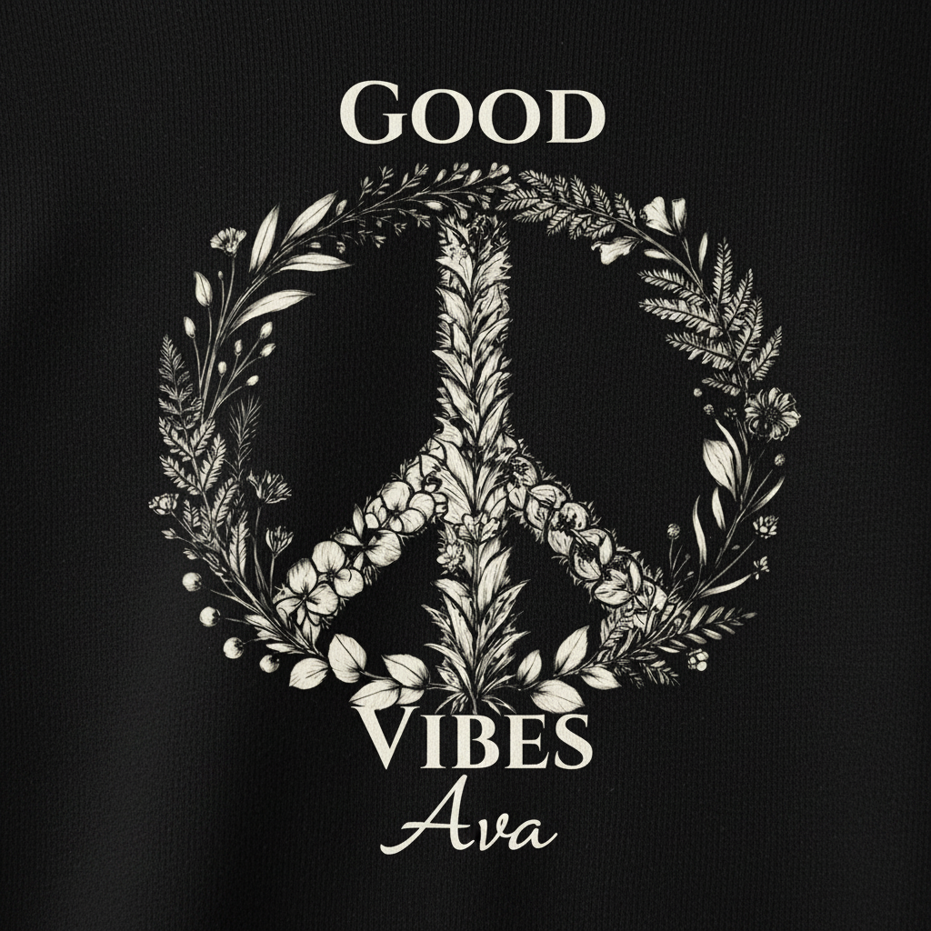 Black fabric close-up of “Good Vibes Ava” wreath graphic on hoodie