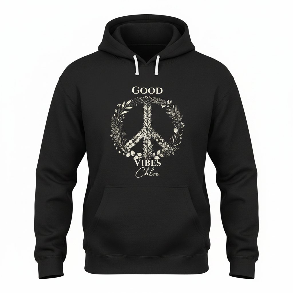 Black unisex hoodie with front pocket and “Good Vibes Chloe” wreath graphic