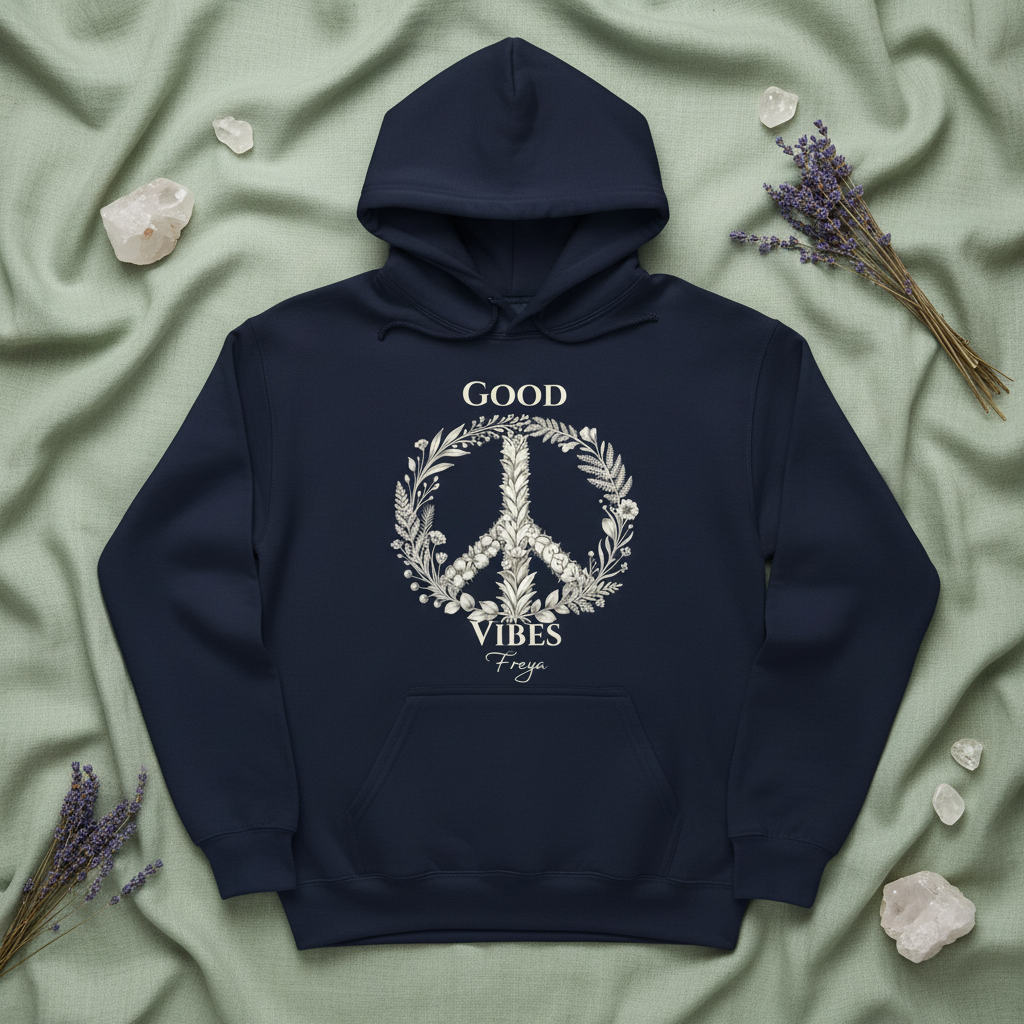 Navy unisex hoodie with front pocket and “Good Vibes Freya” wreath graphic