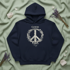 Navy unisex hoodie with front pocket and “Good Vibes Freya” wreath graphic