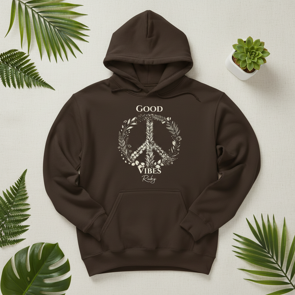Dark brown unisex hoodie with 'Good Vibes' wreath peace graphic and front pocket