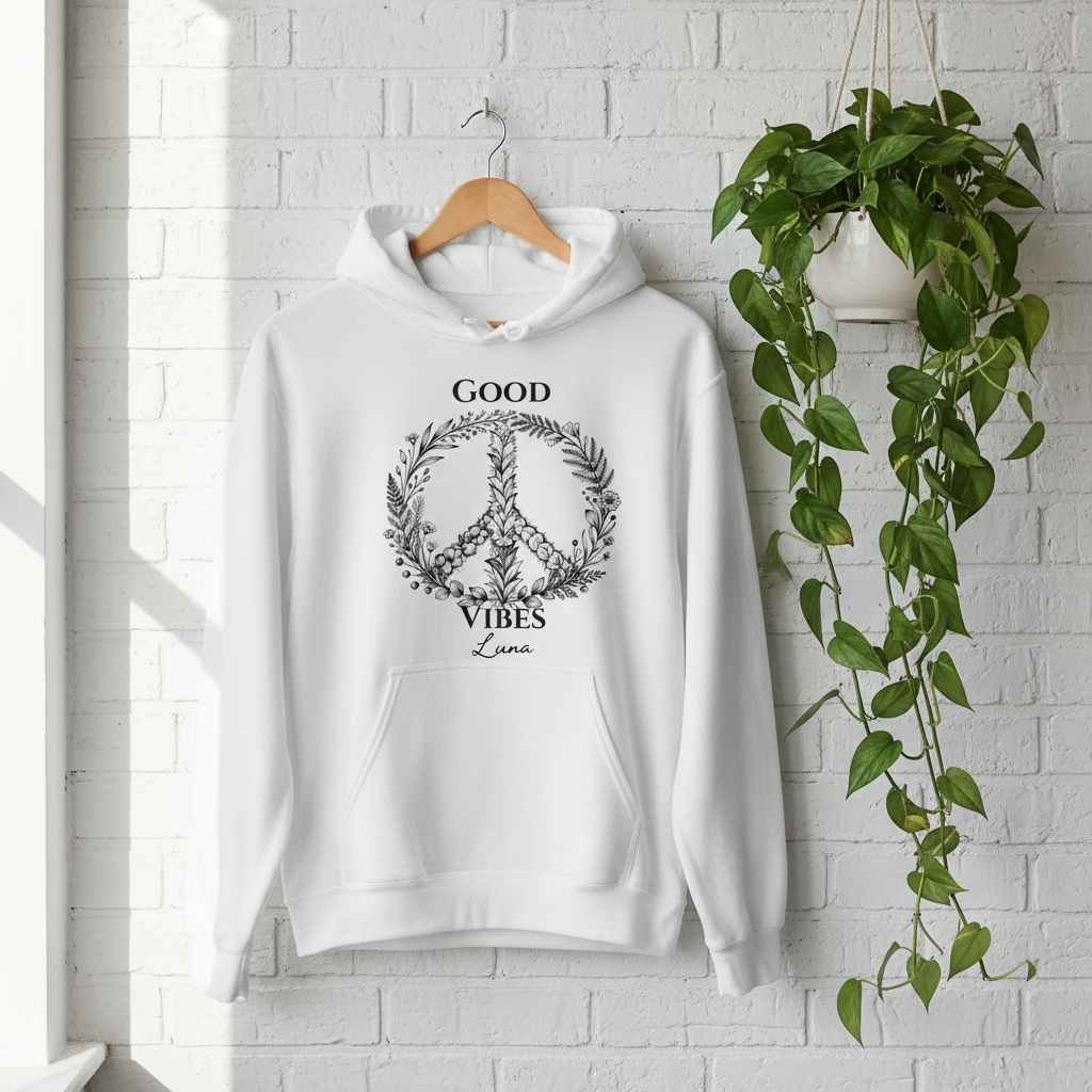 White unisex hoodie hanging on a wooden hanger with “Good Vibes Luna” print