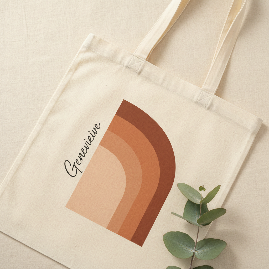 White cotton tote bag close-up: terracotta arch print with small green leaves